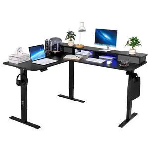 VEVOR L Shaped Desk Electric Adjustable Height Corner Gaming Desk w/ Light Strip