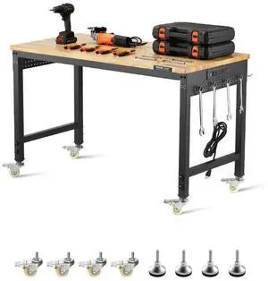 VEVOR 48-Inch Adjustable Workbench, 2000 lbs Load, Work Bench with Power Outlet, Wheels, and Pegboard, Heavy Duty Oak Wood Top Work Table for Garage, Workshop, Office, and Home