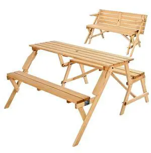 2-in-1 Transforming Interchangeable Picnic Table Wooden Table Bench Set Outdoor
