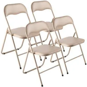 4 Pack Folding Chairs Portable Leather Chairs with Padded Cushion Khaki