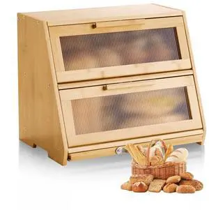 VEVOR Double Layer Bread Box for Kitchen Counter, Large Capacity Bamboo Bread Storage Container, Farmhouse Wooden Breadbox for Homemade Bread, Storage Holder Bin with Acrylic Wavy Door Panel, Natural