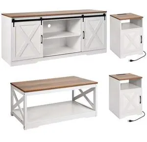 4 Piece Farmhouse Coffee Table Set with 66 in TV Stand & 2 End Tables