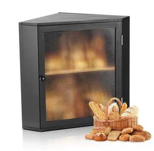 VEVOR Corner Bread Box for Kitchen Counter, Double Layer Large Capacity Bamboo Bread Storage Container, Farmhouse Wooden Breadbox for Homemade Bread, Storage Holder Bin with Acrylic Wavy Door, Black