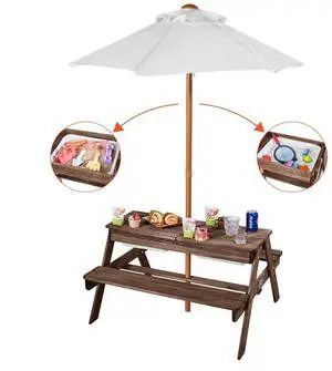 Picnic Table Wooden Tables and Bench Set with Umbrella Garden Indoor Outdoor