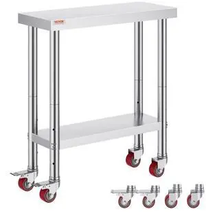 VEVOR 30x12x34 Inch Stainless Steel Work Table 3-Stage Adjustable Shelf with 4 Wheels Heavy Duty Commercial Food Prep Worktable with Brake for Kitchen Prep Work