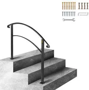 VEVOR Handrails for Outdoor Steps, Fit 1 or 3 Steps Outdoor Stair Railing, Black Wrought Iron Handrail, Flexible Front Porch Hand Rail, Transitional Handrails for Concrete Steps or Wooden Stairs