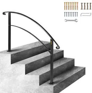 VEVOR 4-Step Handrail Fits 1 or 4 Steps Matte Black Stair Rail Wrought Iron Handrail with Installation Kit Hand Rails for Outdoor Steps