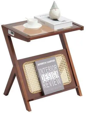 VEVOR Rattan Coffee Table, Z-Shaped Rattan Woven Bamboo End Table with Tempered Glass Top, 20 Modern Boho Storage Mid Century Coffee Table with Natural Bamboo Legs, for Living Room, Bedroom & Small