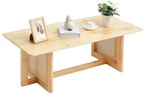 VEVOR Rattan Coffee Table, Rectangle Rattan Woven Wood Mid Century Coffee Table with Rubber Wood Top, 47-Inch Modern Boho Storage Coffee Table with Natural Wood Legs, for Living Room, Bedroom & Small