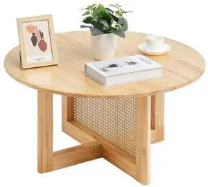 VEVOR Rattan Coffee Table, Round Rattan Woven Wood Mid Century Coffee Table with Rubber Wood Top, 33 in Modern Boho Circular Storage Coffee Table with Natural Wood Legs, for Living Room, Bedroom & Sm