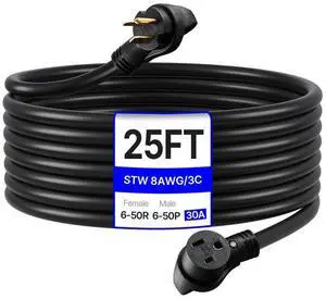 VEVOR 30A Generator Extension Cord 25 ft 250V NEMA 6-50P to 6-50R 7500W Power Cable