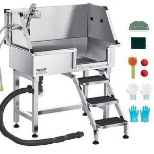 34" Dog Grooming Bath Tub Stainless Steel w Stairs Faucet Showerhead