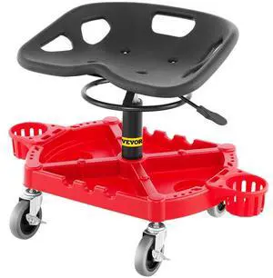VEVOR Rolling Garage Stool, 300LBS Capacity, Adjustable Height from 18 in to 23 in, 360-degree Swivel Wheels (4"), Large Tool Tray with Two Bottle Holder, for Workshop, Auto Repair Shop, Red