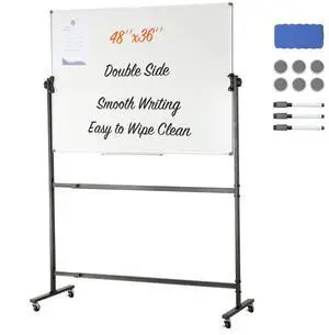 VEVOR Rolling Magnetic Whiteboard, Double-sided Mobile Whiteboard 48x36 Inches, Adjustable Height Dry Erase Board with Wheels, 1 Magnetic Erase & 3 Dry Erase Markers & Movable Tray for Office School