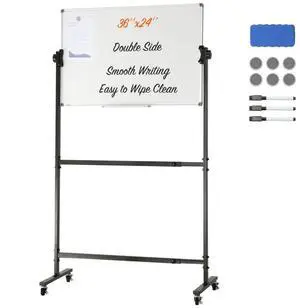 VEVOR Rolling Magnetic Whiteboard, Double-sided Mobile Whiteboard 36x24 Inches, Adjustable Height Dry Erase Board with Wheels, 1 Magnetic Erase & 3 Dry Erase Markers & Movable Tray Office, School