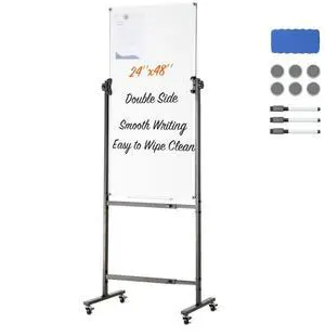 VEVOR Rolling Magnetic Whiteboard, Double-sided Mobile Whiteboard 24x48 Inches, Adjustable Height Dry Erase Board with Wheels, 1 Magnetic Erase & 3 Dry Erase Markers & Movable Tray for Office School