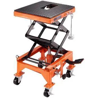VEVOR Hydraulic Motorcycle Lift Table, 350 LBS Capacity Motorcycle Scissor Jack Lift with Wide Deck, J-hooks, 4 Wheels, Hydraulic Foot-Operated Jack Stand for ATV Dirt Bikes