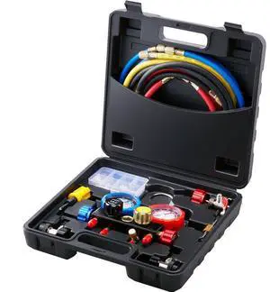 VEVOR 4 Way AC Gauge - AC Manifold Gauge Set for R134A R22 R12 R410A Refrigerant, Freon Gauges with 5ft Hoses, Couplers, Can Tap Works on Car Auto Freon Charging and Evacuation