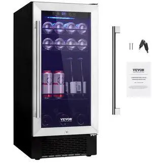 VEVOR Wine Cooler, 96 Cans Capacity Under Counter Built-in or Freestanding Wine Refrigerator, Beverage Cooler with Blue LED Light, Single Door, Child Lock for Drink Beer Soda Wine Water, ETL Listed