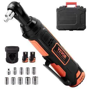 VEVOR 3/8" Cordless Electric Ratchet Wrench Set, 12V 33 Ft-lbs Power Ratchet Tool Kit, 45-Min Fast Charge, 2-Pack 2.0Ah Battery, Built-in LED Light, Variable Speed Trigger, 10 Sockets