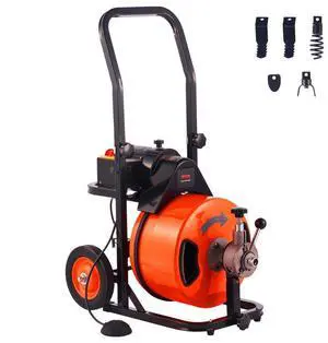 VEVOR Drain Cleaning Machine 75 FT x 1/2 Inch, Sewer Snake Machine Auto Feed, Drain Auger Cleaner with 4 Cutter & Air-Activated Foot Switch for 1" to 4" Pipes