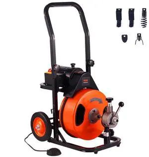 VEVOR Drain Cleaning Machine 75FT x 3/8 Inch, Sewer Snake Machine Auto Feed, Drain Auger Cleaner with 4 Cutter & Air-Activated Foot Switch for 1" to 4" Pipes