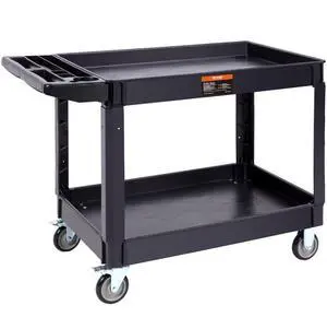 VEVOR Utility Service Cart, 2 Shelf 550LBS Heavy Duty Plastic Rolling Utility Cart with 360° Swivel Wheels (2 with Brakes), Large Lipped Shelf, Ergonomic Storage Handle for Warehouse/Garage/Cleaning
