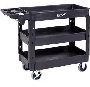 VEVOR Utility Service Cart, 3 Shelf 550LBS Heavy Duty Plastic Rolling Utility Cart with 360° Swivel Wheels (2 with Brakes), Medium Lipped Shelf, Ergonomic Storage Handle for Warehouse/Garage/Cleaning