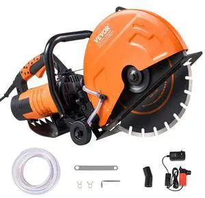 VEVOR Electric Concrete Saw, 14 in Circular Saw Cutter with 5 in Cutting Depth, Wet/Dry Disk Saw Cutter Includes Water Line, Pump and Blade, for Stone, Brick, Porcelain, Concrete, 3200W/15A Motor