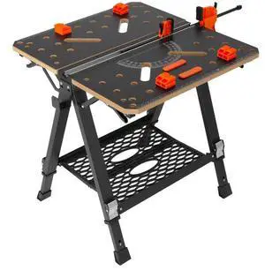 VEVOR Folding Work Table, 2-in-1 as Sawhorse & Workbench, 1000 lbs Capacity, 7 Adjustable Heights, Steel Legs, Portable Foldable Tool Stand with Wood Clamp, 4 Bench Dogs, 2 Hooks, Easy Garage Storage