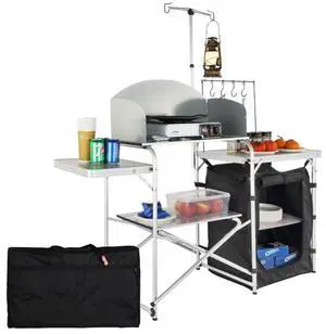 VEVOR Camping Kitchen Table, Folding Outdoor Cooking Table with Storage Carrying Bag, Aluminum Cook Station 1 Cupboard & Detachable Windscreen, Quick Set-up for Picnics, BBQ, RV Traveling, Black