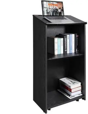 VEVOR Podium Stand, 47 in Hostess Stand with 4 Rolling Wheels, Wood Podium with Storage Shelves, and Slant Desktop, Lecterns & Podiums for Church, Office, School, Home, Black