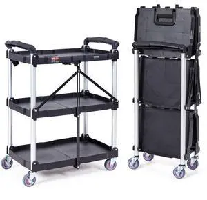 VEVOR Foldable Utility Service Cart, 3 Shelf 165LBS Heavy Duty Plastic Rolling Cart with Lockable Wheels, Ergonomic Handle, Portable Garage Tool Cart for Warehouse/Office/Home(25.62"x15.43"x32.76")