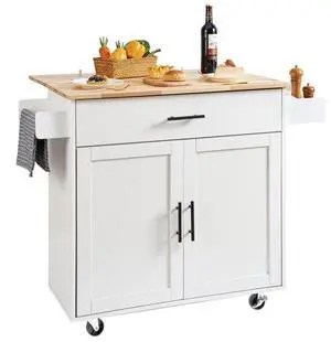 VEVOR Kitchen Island Cart with Solid Wood Top, 35.4" Width Mobile Carts with Storage Cabinet, Rolling Kitchen Table with Spice Rack, Towel Rack, Drop Leaf and Drawer, Portable Islands on Wheels, White