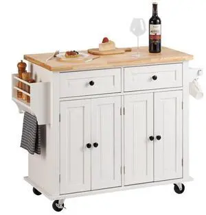 VEVOR Kitchen Island Cart with Solid Wood Top, 35.4" Width Mobile Carts with Storage Cabinet, Rolling Kitchen Table with Spice Rack, Towel Rack, and Drawer, Portable Islands on Wheels, White