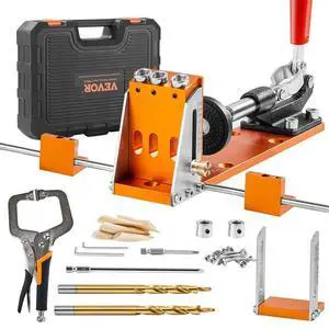VEVOR Pocket Hole Jig Kit, 34 Pcs Pocket Hole Jig System with 11" C-clamp,  Fixture, Step Drills, Wrenches, Drill Stop Rings, Square Drive Bits, Toolbox, Adjustable, for DIY Carpentry Projects