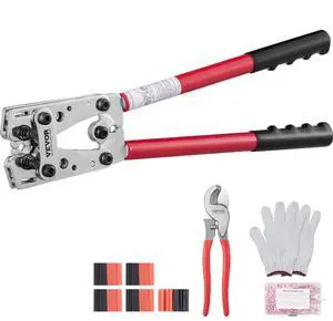 VEVOR Crimping Tool, AWG10-1/0 Copper And Aluminum Terminal Battery Lug Crimper, 6 Wire Sizes Crimping Die, with a Cutting Pliers, Gloves, 95pcs Copper Ring Connectors, and 100pcs Heat Shrink Tubes