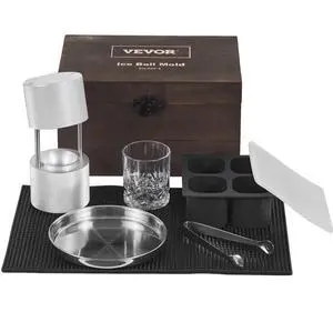 VEVOR Ice Ball Press Kit, Aircraft Al Alloy Ice Press with Ice Block Mold, Large Mat, Tong, Drip Tray, One Glass, Round Ice Ball Maker 2.4"/60 mm Ice Sphere, for Whiskey, Cocktail on Party & Holiday