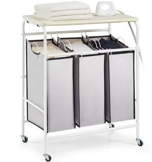 VEVOR 3-Section Laundry Sorter Cart with Ironing Board, Laundry Hamper with Heavy Duty Lockable Wheels and 3 Removable Bag, Rolling Laundry Basket Sorter for Clothes Storage