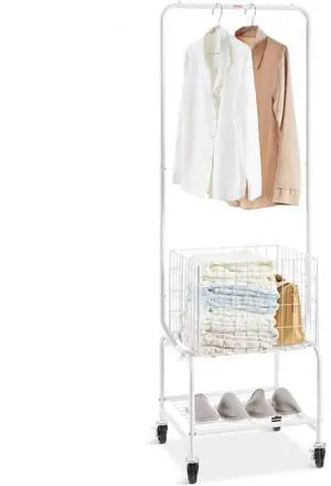 VEVOR Metal Rolling Laundry Basket with Hanging Garment Rack, Height Adjustment Laundry Hamper Cart with Basket Load and Shelf Load, Storage Organizer with Heavy Duty Lockable Wheels