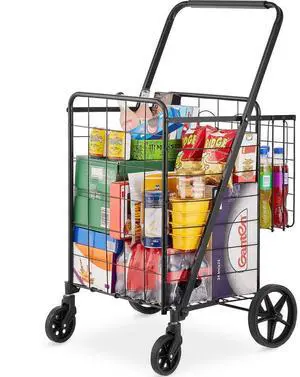 VEVOR Folding Shopping Cart, Jumbo Grocery Cart with Double Baskets, 360° Swivel Wheels, Heavy Duty Utility Cart, 110 LBS Large Capacity Utility Cart for Laundry, Shopping, Grocery, Luggage