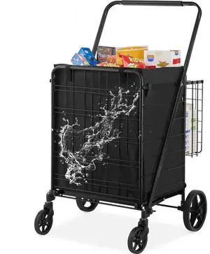 VEVOR Folding Shopping Cart with Removable Waterproof Liner, 330LBS Large Capacity Jumbo Grocery Cart with Dual Basket, 360° Swivel Wheels, Dense Metal Mesh Base, Heavy Duty Utility Cart for Shopping