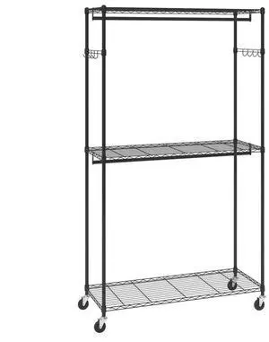 VEVOR Heavy Duty Clothes Rack, Rolling Clothing Garment Rack with 3 Storage Tiers, 2 Rods and 2 Pairs Side Hooks, Adjustable Height Clothing Rack Closet for Hanging Clothes, 400 Lbs Load Capacity