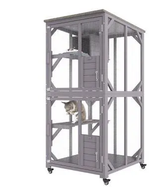 VEVOR Cat House Outdoor, 3-Tier Large Catio, Cat Enclosure with 360° Rotating Casters, 2 Platforms, A Resting Box and Large Front Door, 29.9 x 34 x 64.1 inch