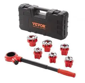 VEVOR Ratchet Pipe Threader Kit, 1/4" NPT - 1-1/4" NPT Manual Ratcheting Pipe Threader, Portable Pipe Threading Tool Set with 6PCS NPT Dies, Storage Case for Galvanized Aluminum Iron Copper Pipes