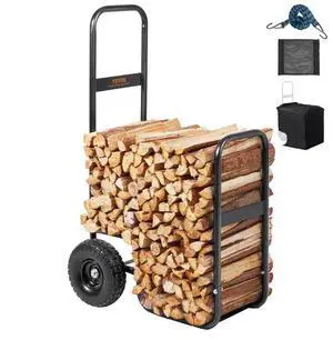 VEVOR Firewood Log Cart, 250 lbs Capacity, Outdoor and Indoor Wood Rack Storage Mover with PU Wheels & Waterproof Cloth, Heavy Duty Steel Dolly Hauler, Firewood Carrier for Fireplace, Fire Pit, Black