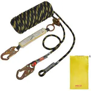 VEVOR Vertical Lifeline Assembly, 0.55'' x 25' Fall Protection Rope with 30 KN Breaking Tension, Polyester Roofing Rope with Steel Snap Hooks, Rope Grab, and Shock Absorber, ANSI Compliant
