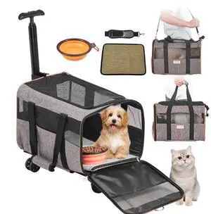 VEVOR Cat Carrier with Wheels, Airline Approved Rolling Pet Carrier with Telescopic Handle and Shoulder Strap, Dog Carrier with Wheels for Pets under 22 lbs, with 1 Folding Bowl, Grey