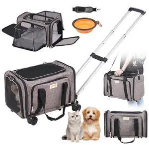VEVOR Cat Carrier with Wheels, Airline Approved Rolling Pet Carrier with Telescopic Handle and Shoulder Strap, Dog Carrier with Wheels for Pets under 25 lbs, with 1 Folding Bowl, Grey