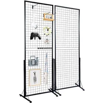 VEVOR 2' x 5.6' Grid Wall Panels Tower, 2 Packs Wire Gridwall Display Racks with T-Base Floorstanding, Double Side Gridwall Panels for Art Craft Shows, Retail Display with Extra Clips and Hooks